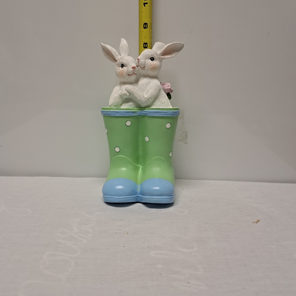 Cute Bunny Figurine in Green Polka Dot Rain Boots